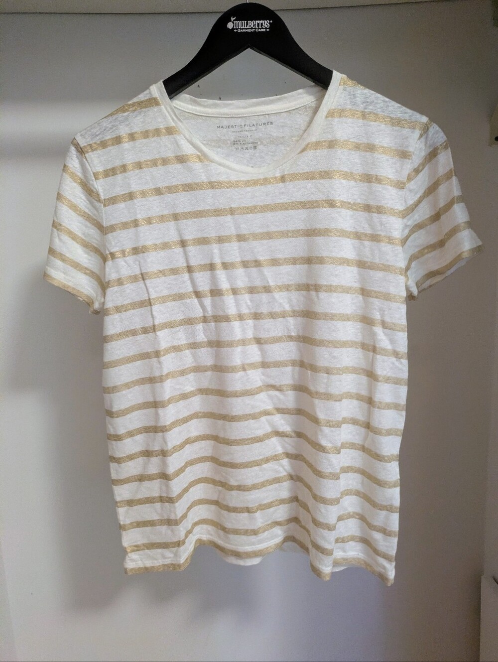 NWT Majestic Filatures Metallic gold white striped short sleeve linen blend tee
